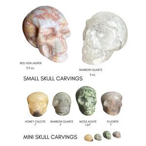 Crystal Skull Carvings Moss Agate Obsidian Opal Quartz Jasper Fluorite Calcite